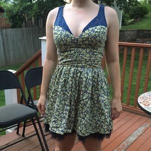 Free People Green/Yellow/Blue ditsy floral Flare Dress
